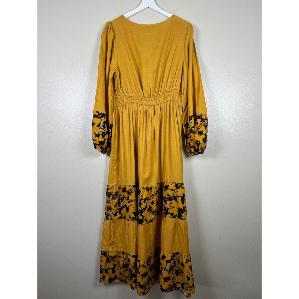 LUUKSE Women's XL Maxi Dress Mustard Yellow Floral Tiered Boho Tassel NEW - Picture 2 of 9